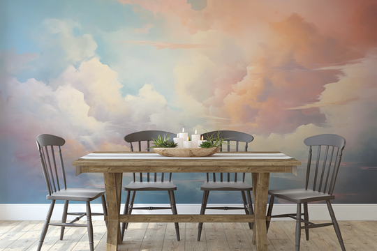 Wzór fototapety artystycznej o nazwie Serene Skies pokazanej w aranżacji wnętrza.