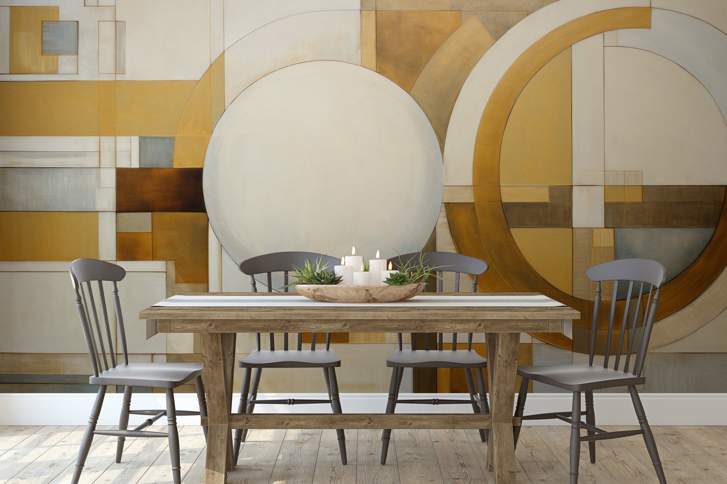 Wzór fototapety artystycznej o nazwie SPHERICAL GEOMETRY IN HUES pokazanej w aranżacji wnętrza.