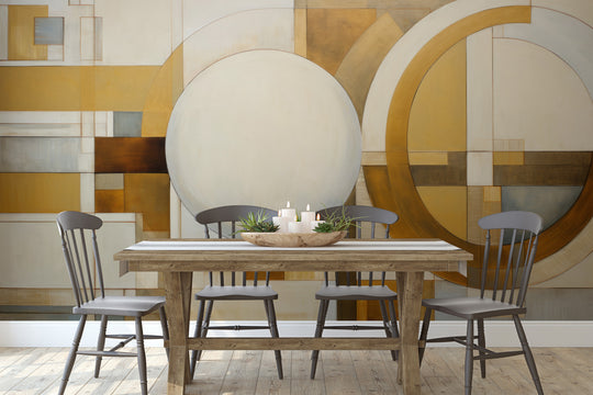 Wzór fototapety artystycznej o nazwie SPHERICAL GEOMETRY IN HUES pokazanej w aranżacji wnętrza.