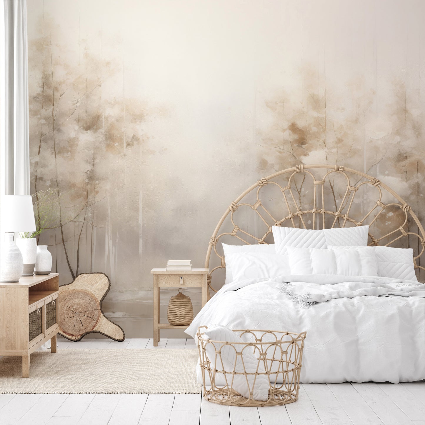 Zdjęcie prezentuje aranżację wnętrza z użyciem fototapety o nazwie SOFT WINTER GLOW MURAL pokazanej w aranżacji wnętrza.
