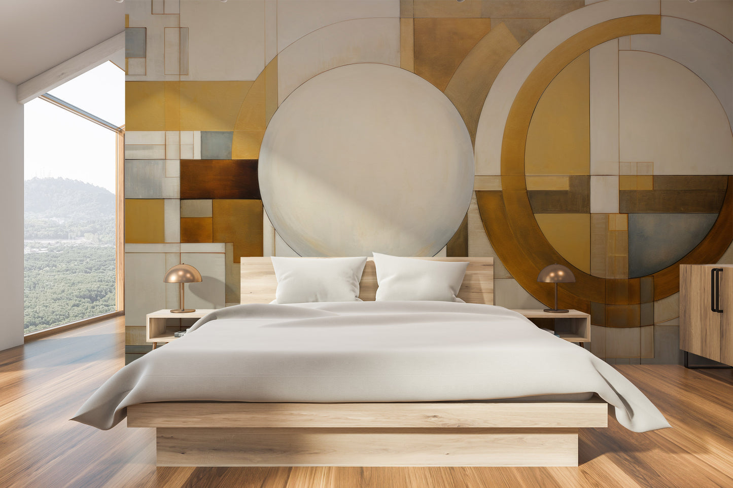 Wzór fototapety artystycznej o nazwie SPHERICAL GEOMETRY IN HUES pokazanej w aranżacji wnętrza.