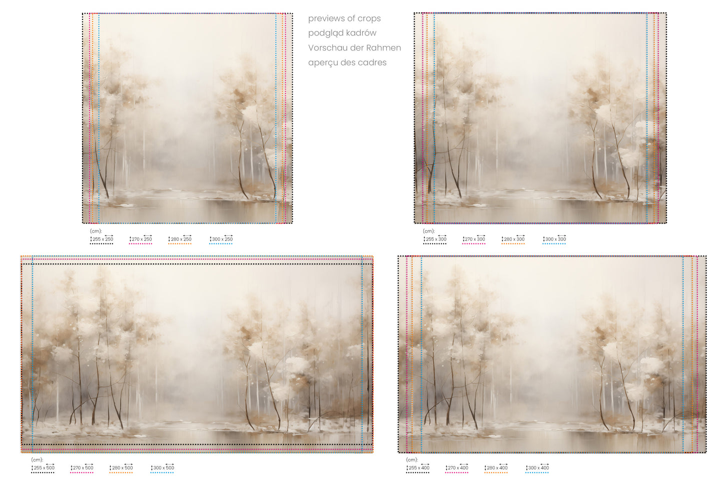 Na obrazie znajduje się prezentacja przykładowych rozmiarów fototapety o nazwie SOFT WINTER GLOW MURAL. Rozmiar fototapety jest dowolny.