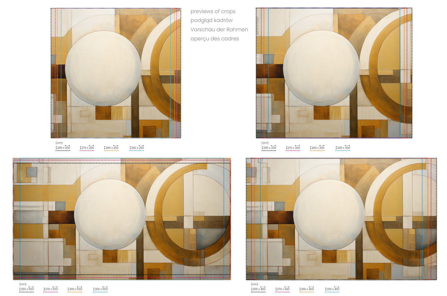 Na obrazie znajduje się prezentacja przykładowych rozmiarów fototapety o nazwie SPHERICAL GEOMETRY IN HUES. Rozmiar fototapety jest dowolny.