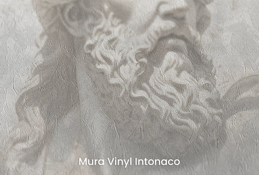 Zbliżenie na artystyczną fototapetę o nazwie Stoic Gaze na podłożu Mura Vinyl Intonaco - struktura tartego tynku.