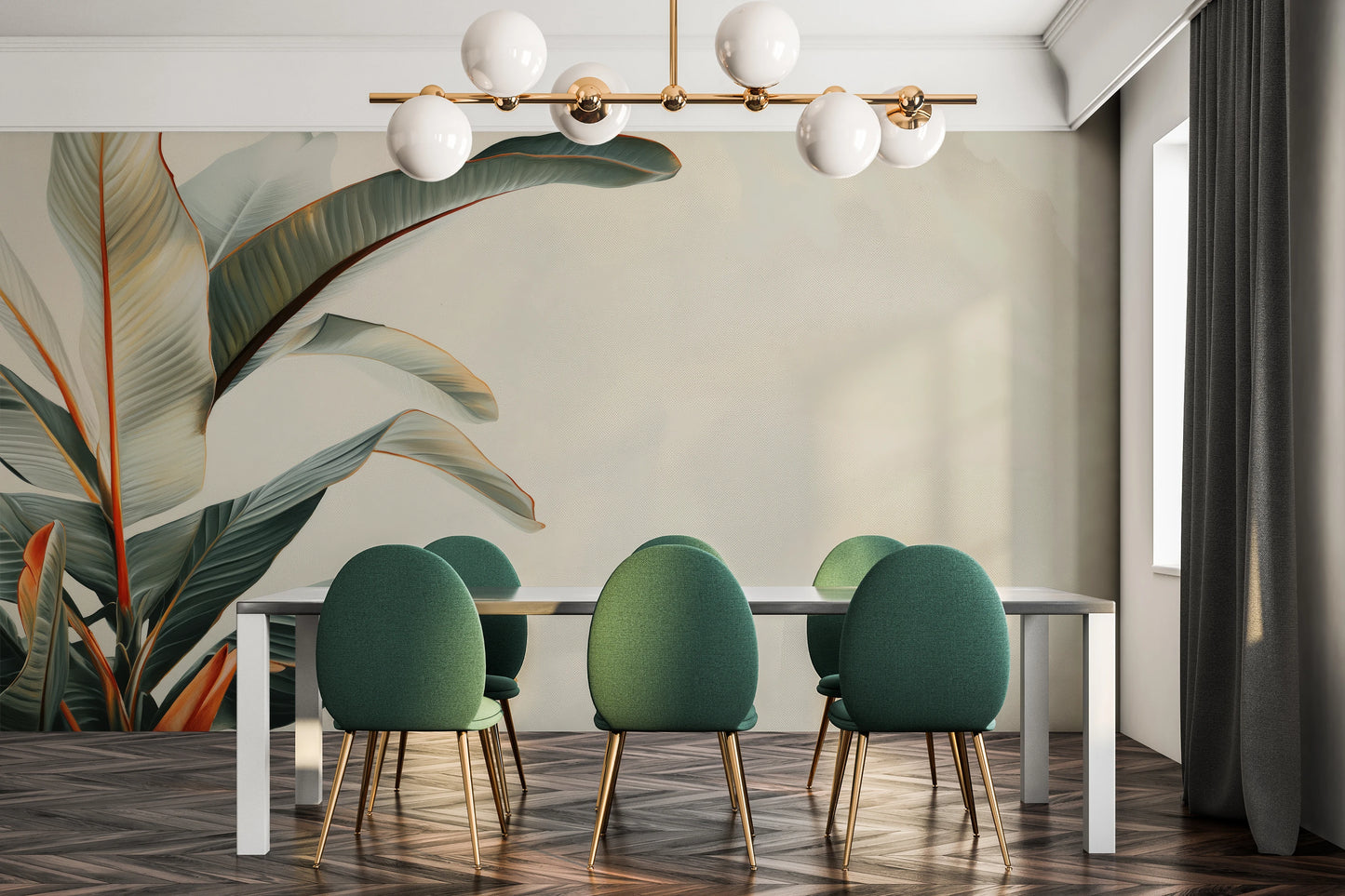 Fototapeta artystyczna o nazwie Tropical Elegance pokazana w aranżacji wnętrza.