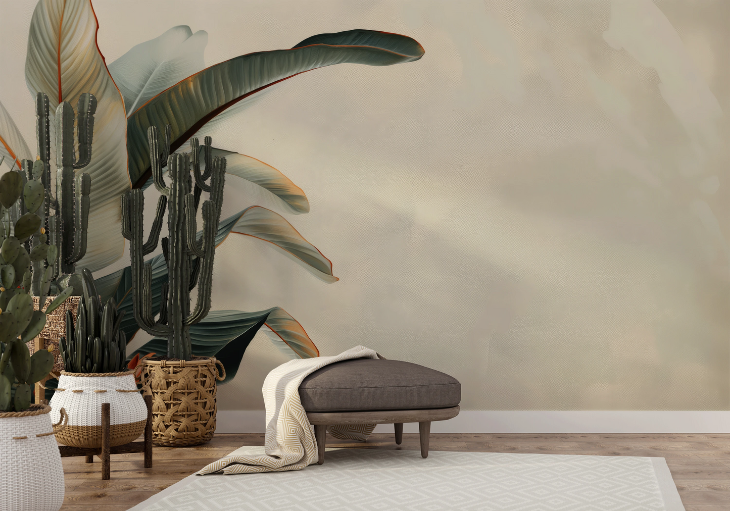 Wzór fototapety malowanej o nazwie Tropical Elegance pokazanej w aranżacji wnętrza.