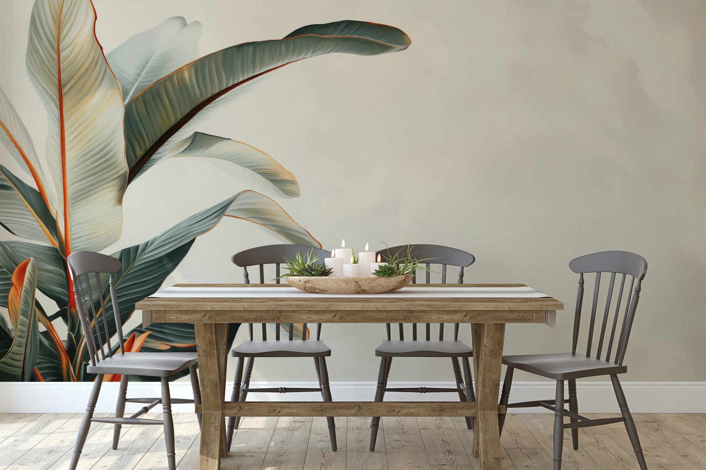 Wzór fototapety artystycznej o nazwie Tropical Elegance pokazanej w aranżacji wnętrza.