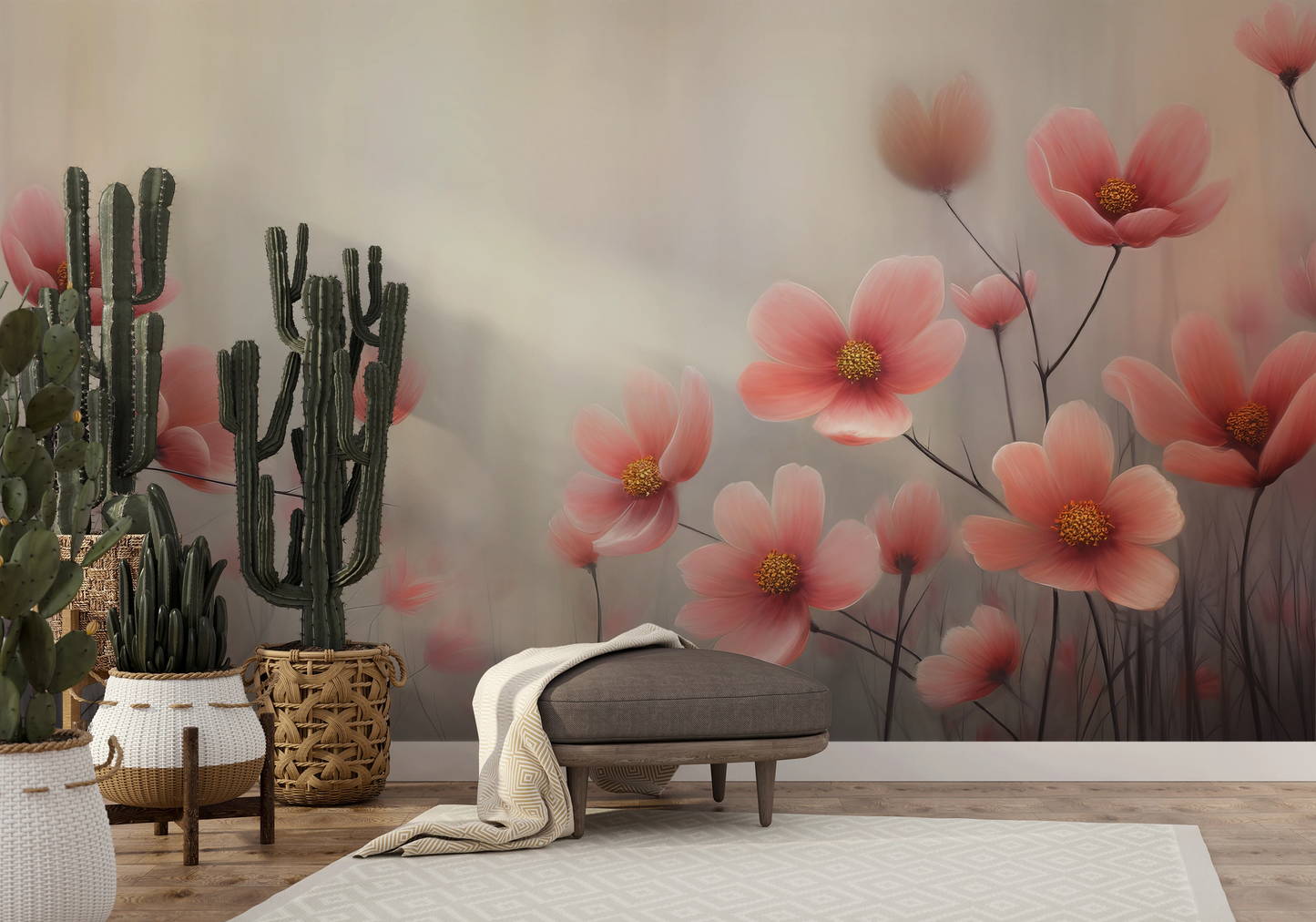 Wzór fototapety artystycznej o nazwie Petal Tranquility pokazanej w aranżacji wnętrza.