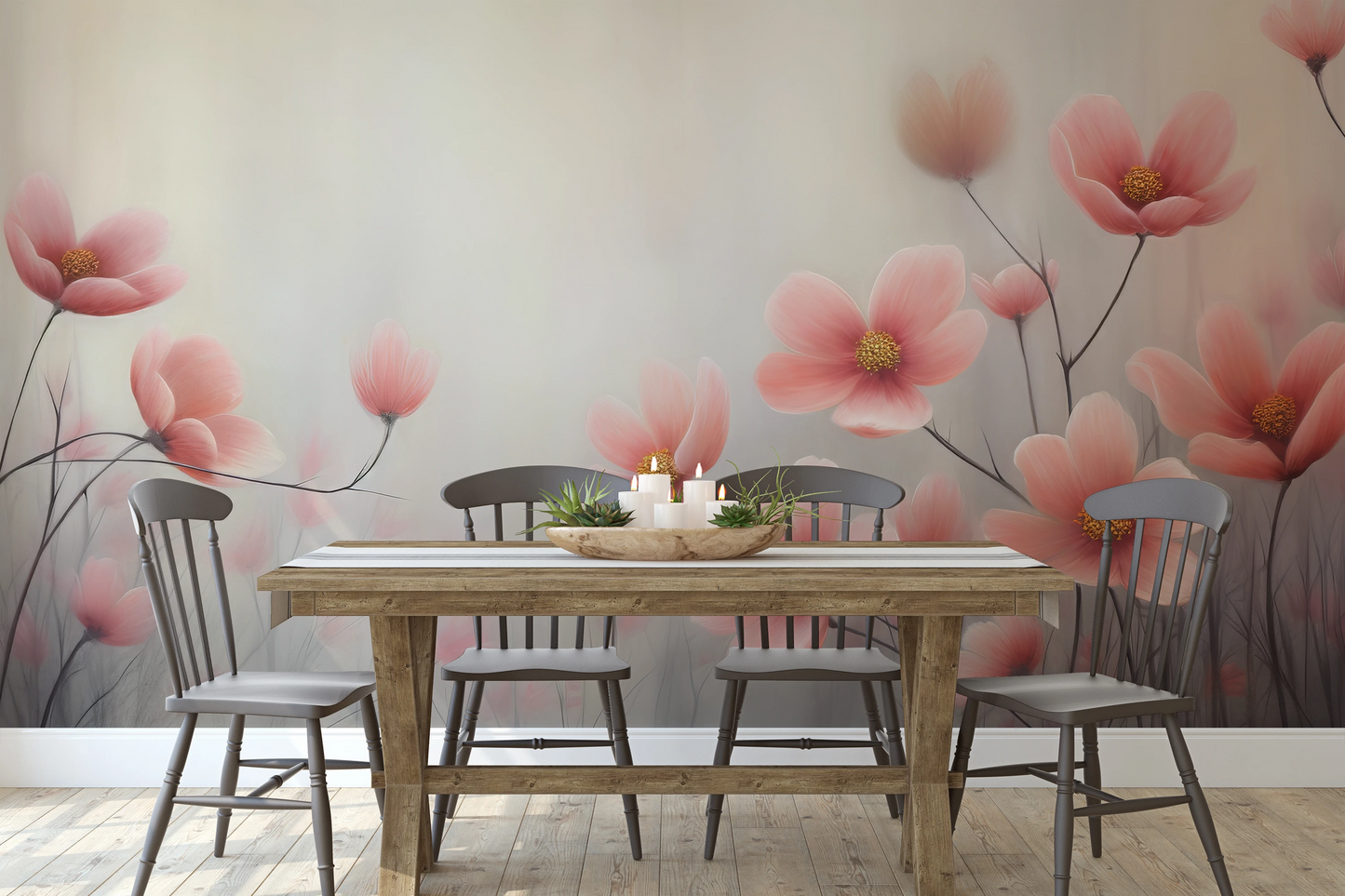 Wzór fototapety artystycznej o nazwie Petal Tranquility pokazanej w aranżacji wnętrza.