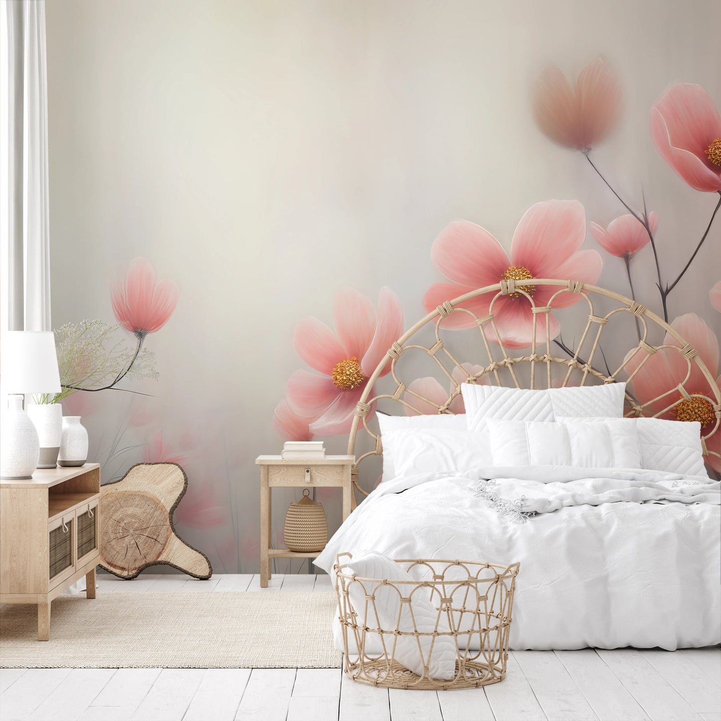 Wzór fototapety malowanej o nazwie Petal Tranquility pokazanej w aranżacji wnętrza.