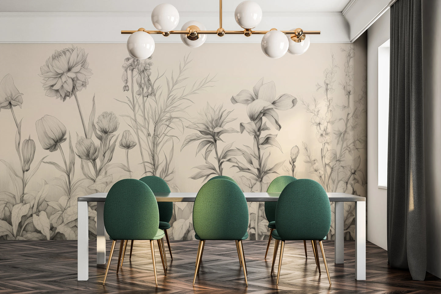 Wzór fototapety artystycznej o nazwie Floral Tranquility pokazanej w aranżacji wnętrza.