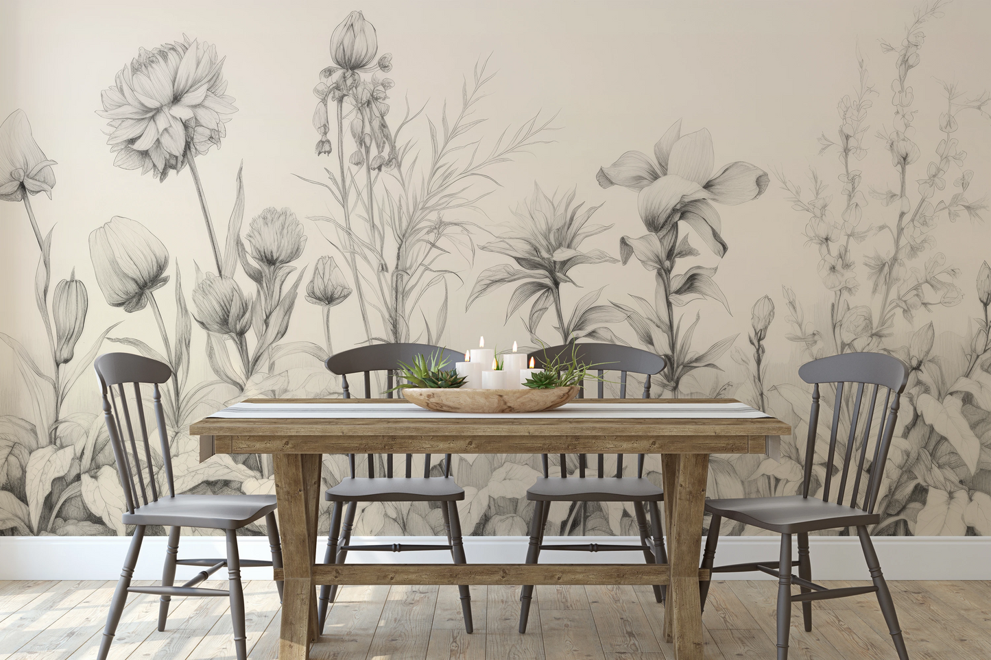 Fototapeta malowana o nazwie Floral Tranquility pokazana w aranżacji wnętrza.