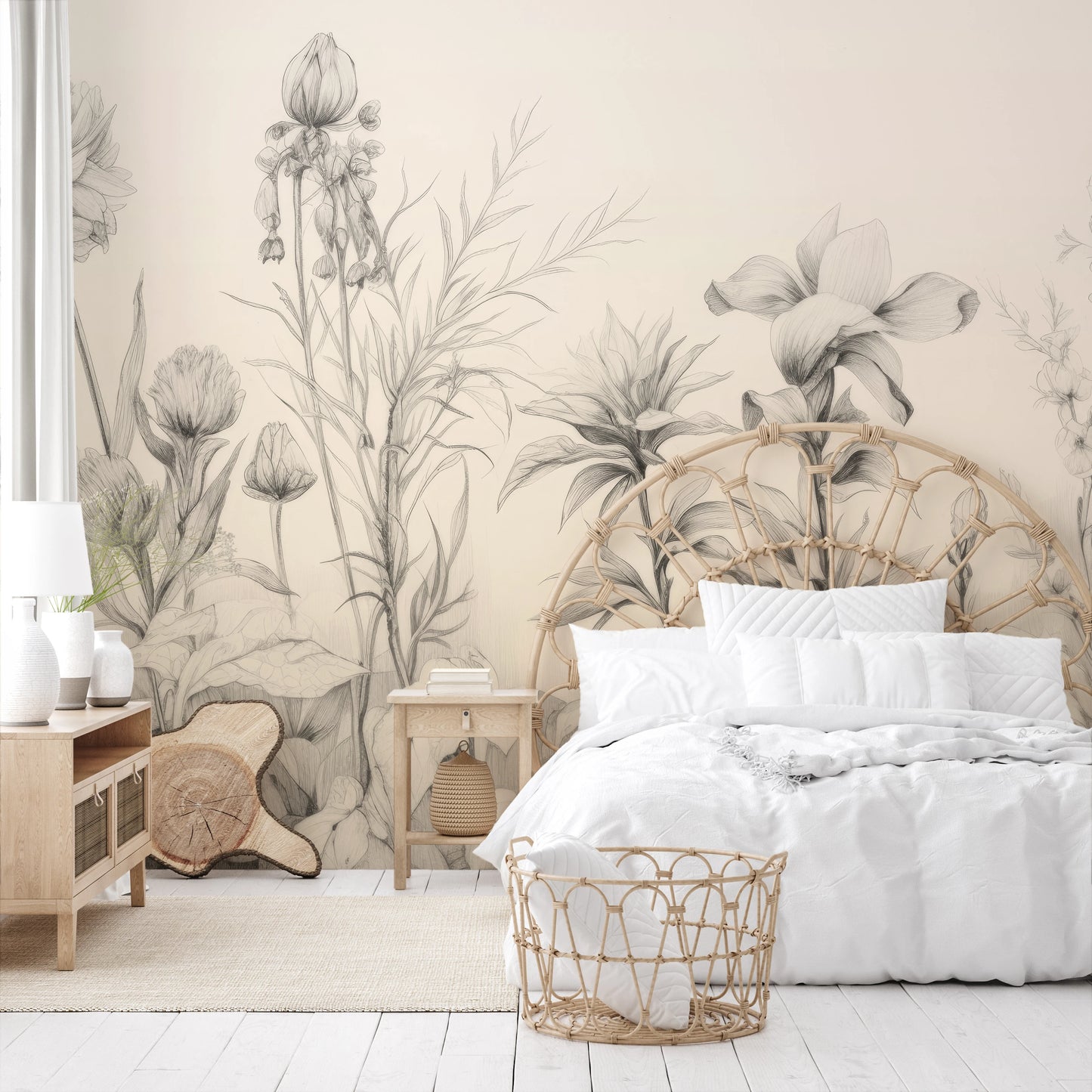 Zdjęcie prezentuje aranżację wnętrza z użyciem fototapety o nazwie Floral Tranquility pokazanej w aranżacji wnętrza.