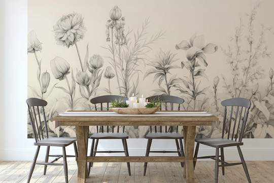 Wzór fototapety artystycznej o nazwie Floral Tranquility pokazanej w aranżacji wnętrza.