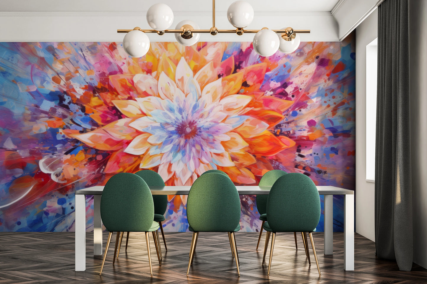 Wzór fototapety o nazwie Radiant Bloom pokazanej w kontekście pomieszczenia.