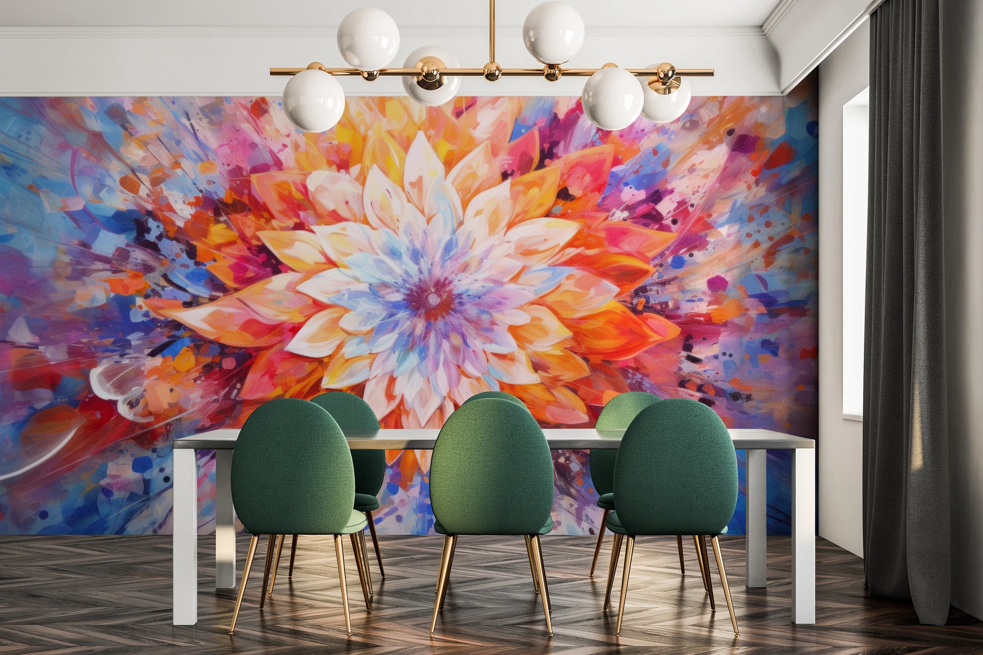 Wzór fototapety o nazwie Radiant Bloom pokazanej w kontekście pomieszczenia.