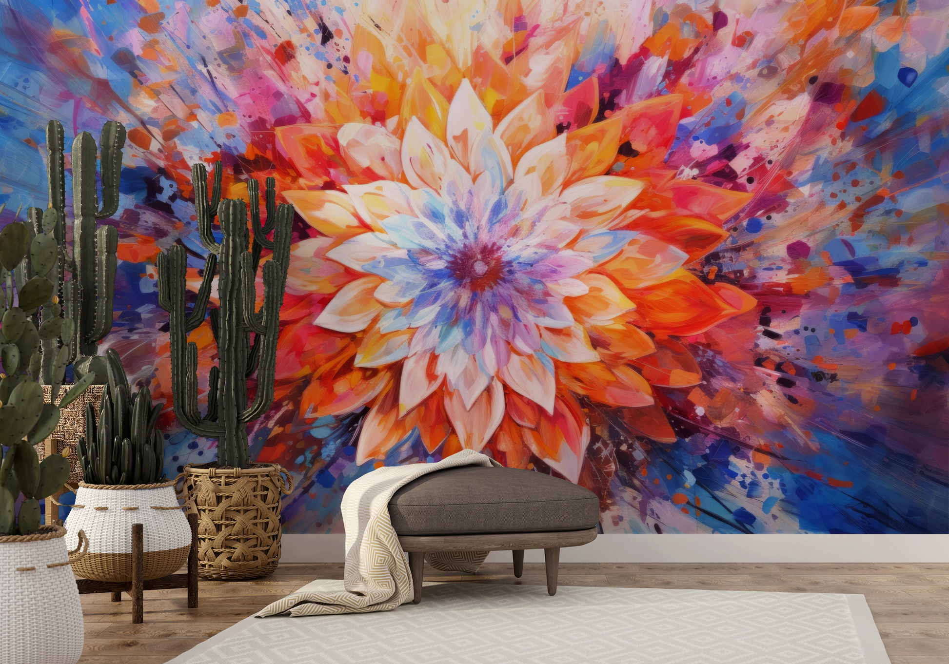 Wzór fototapety malowanej o nazwie Radiant Bloom pokazanej w aranżacji wnętrza.