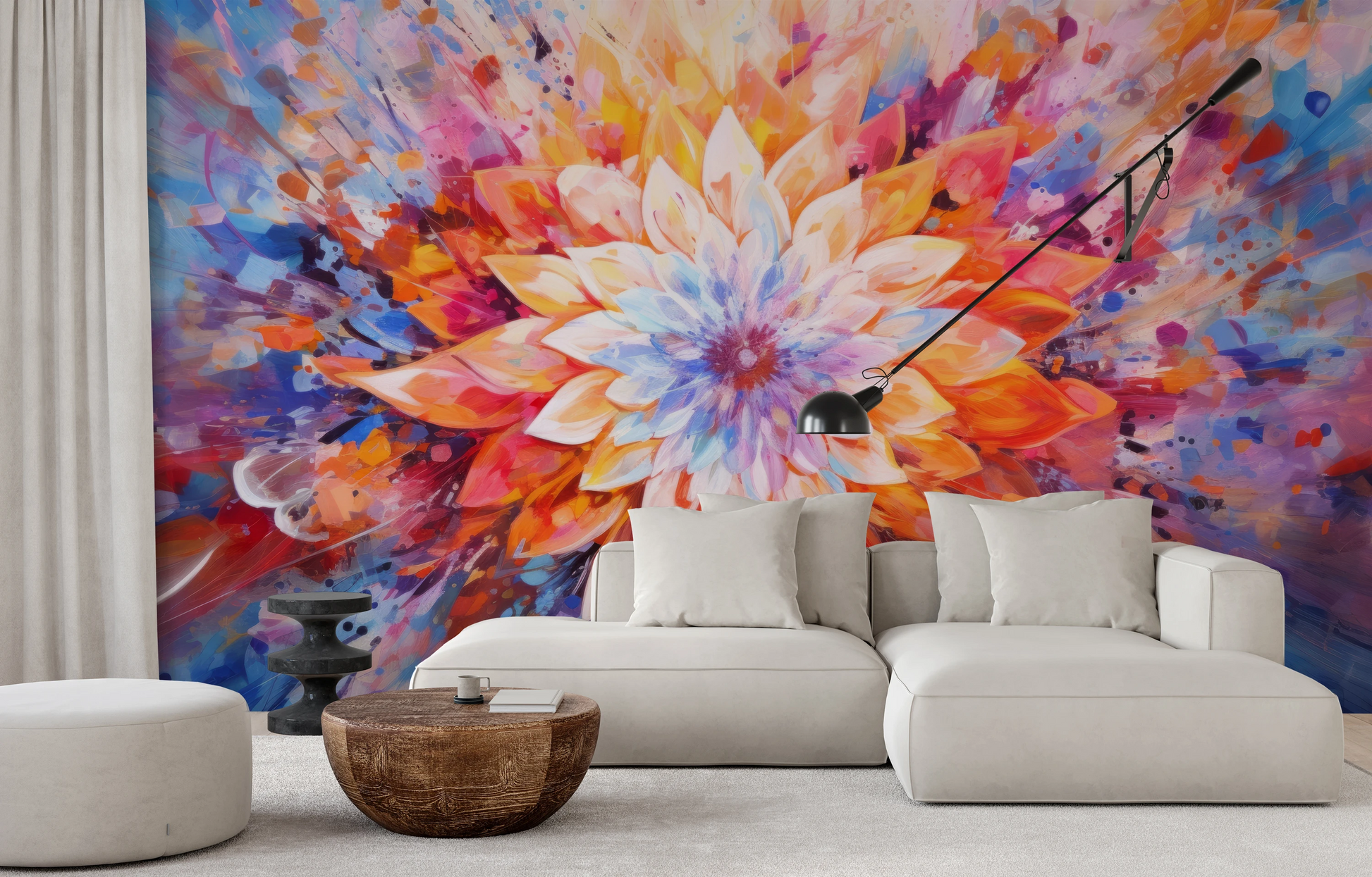 Fototapeta artystyczna o nazwie Radiant Bloom pokazana w aranżacji wnętrza.