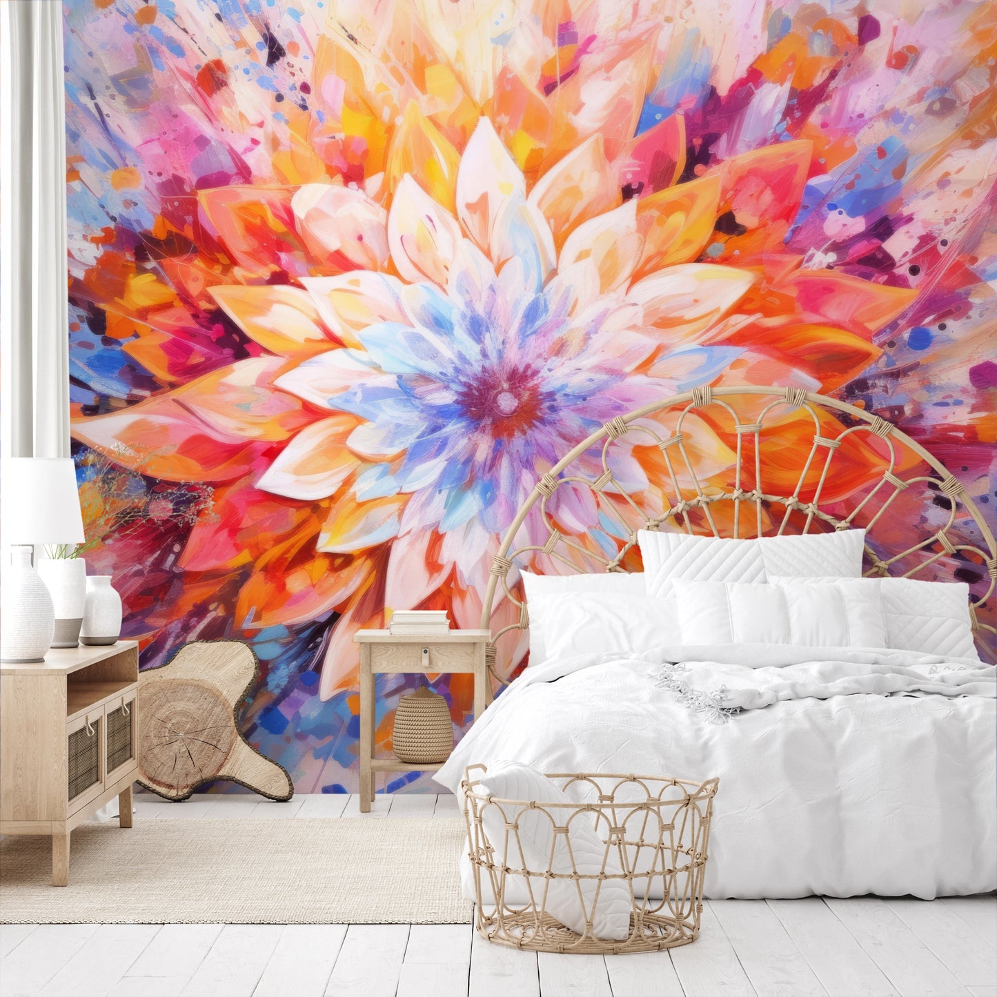 Wzór fototapety artystycznej o nazwie Radiant Bloom pokazanej w aranżacji wnętrza.