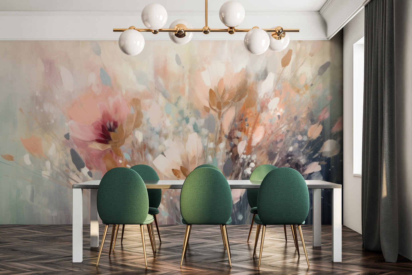 Fototapeta artystyczna o nazwie Dreamy Floral Impression pokazana w aranżacji wnętrza.