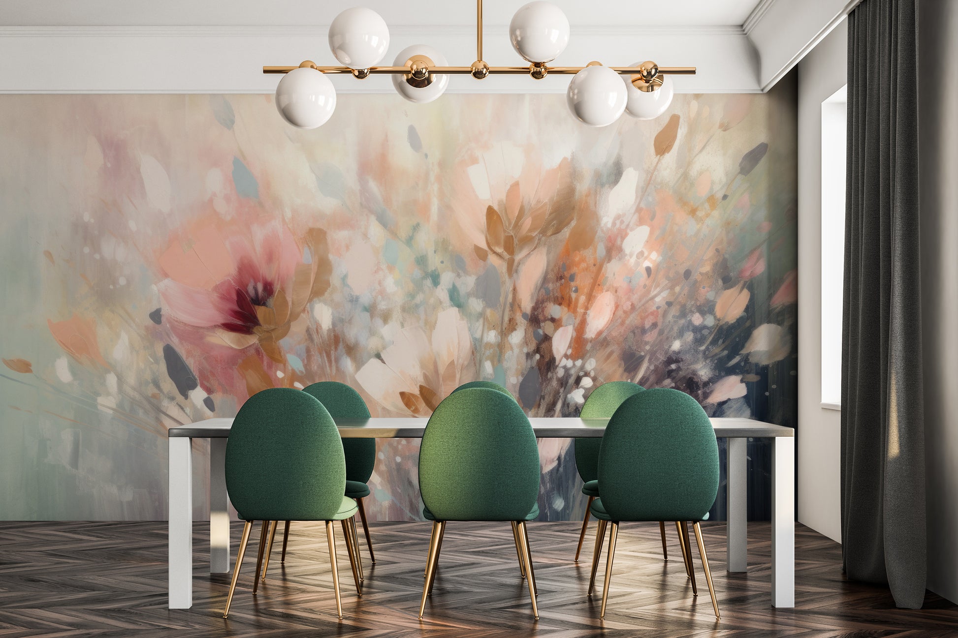 Fototapeta artystyczna o nazwie Dreamy Floral Impression pokazana w aranżacji wnętrza.