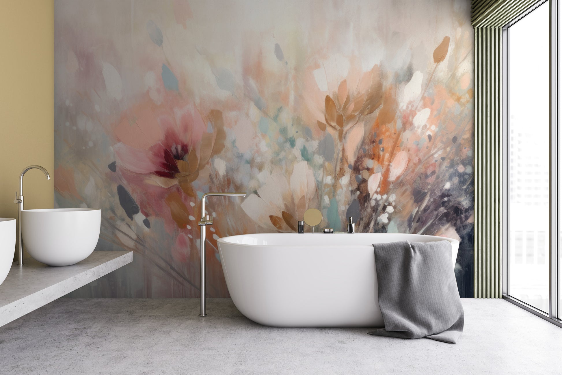 Wzór fototapety artystycznej o nazwie Dreamy Floral Impression pokazanej w aranżacji wnętrza.