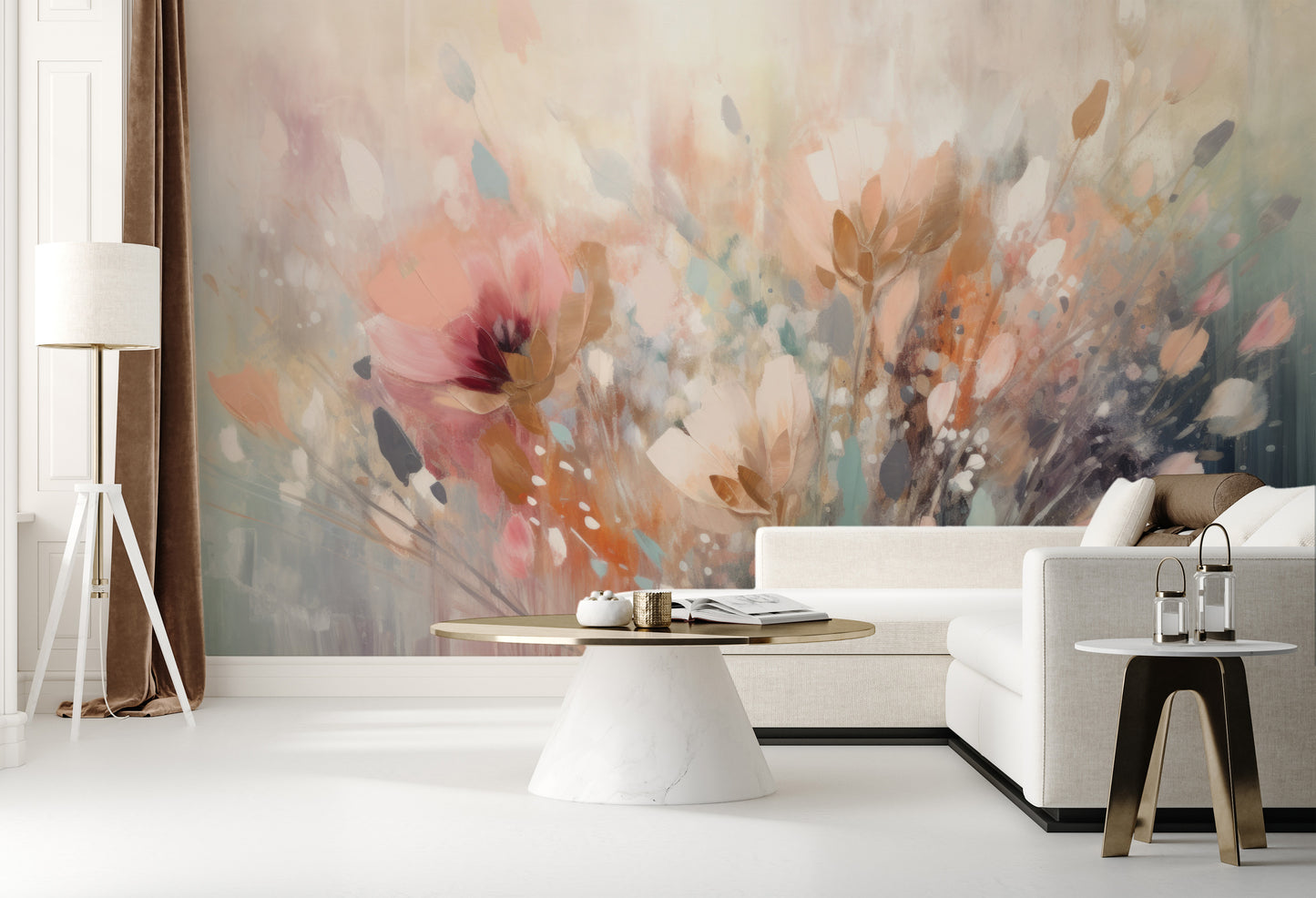 Wzór fototapety artystycznej o nazwie Dreamy Floral Impression pokazanej w aranżacji wnętrza.