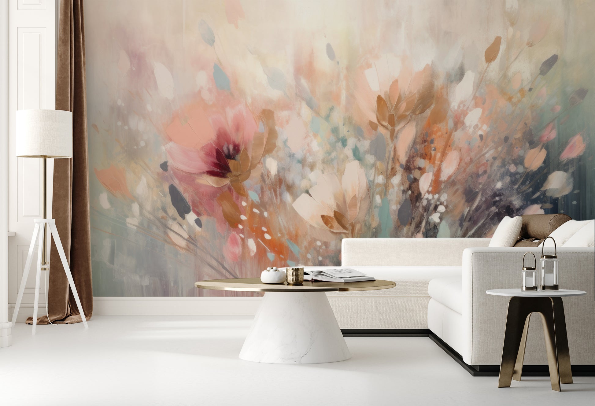 Wzór fototapety artystycznej o nazwie Dreamy Floral Impression pokazanej w aranżacji wnętrza.