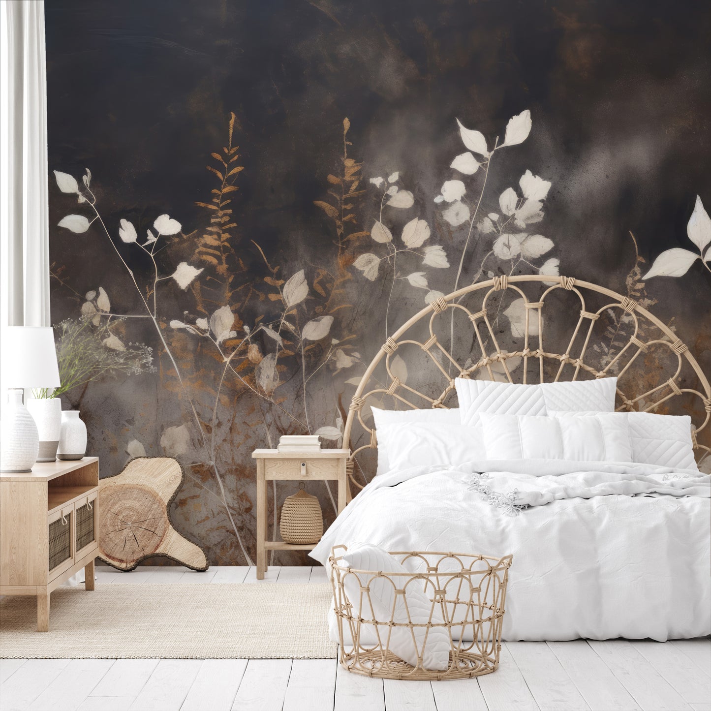 Wzór fototapety o nazwie Smokey Flora Elegance pokazanej w kontekście pomieszczenia.