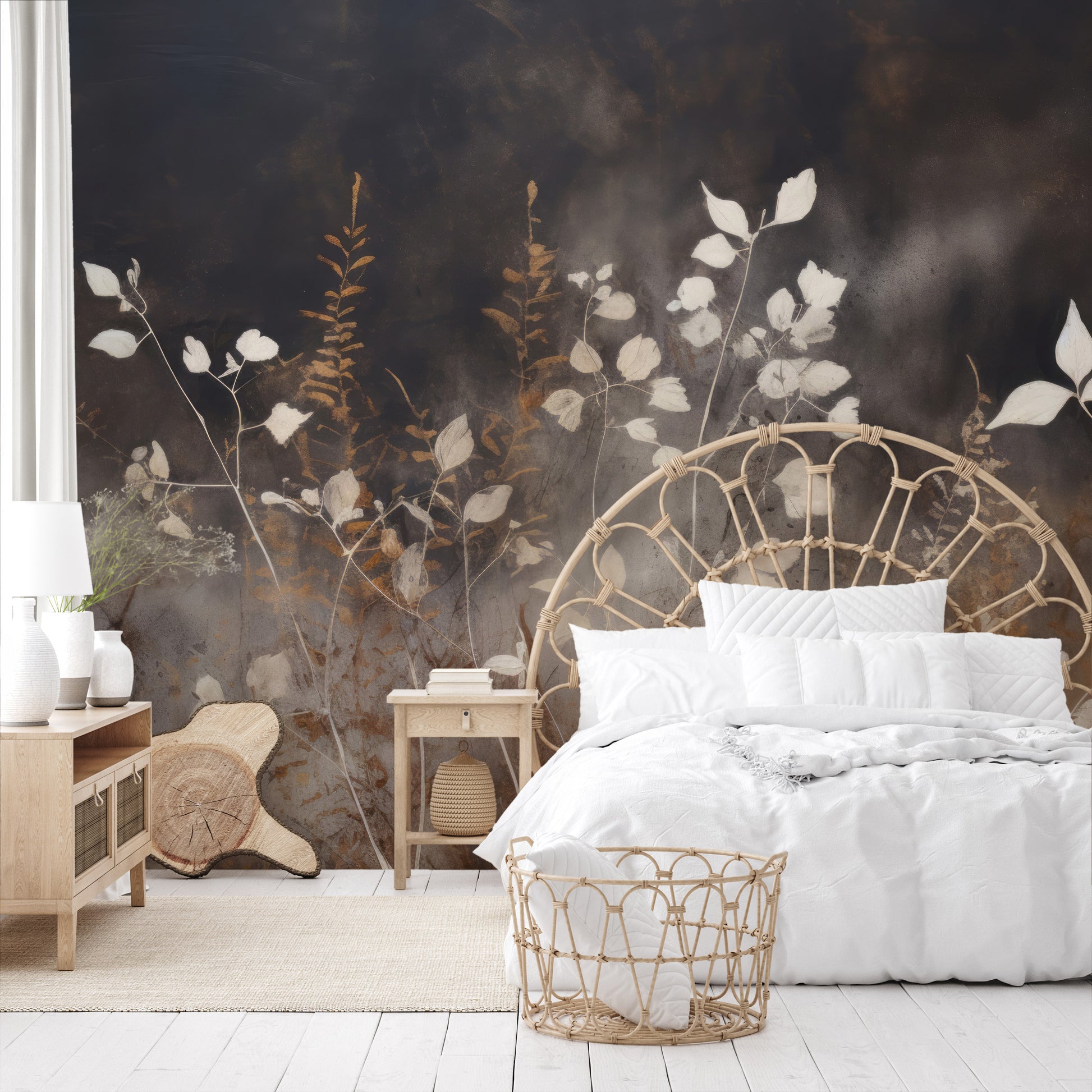 Wzór fototapety o nazwie Smokey Flora Elegance pokazanej w kontekście pomieszczenia.