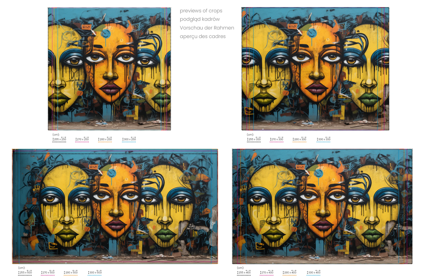 Na obrazie znajduje się prezentacja przykładowych rozmiarów fototapety o nazwie Triptych of Minds. Rozmiar fototapety jest dowolny.