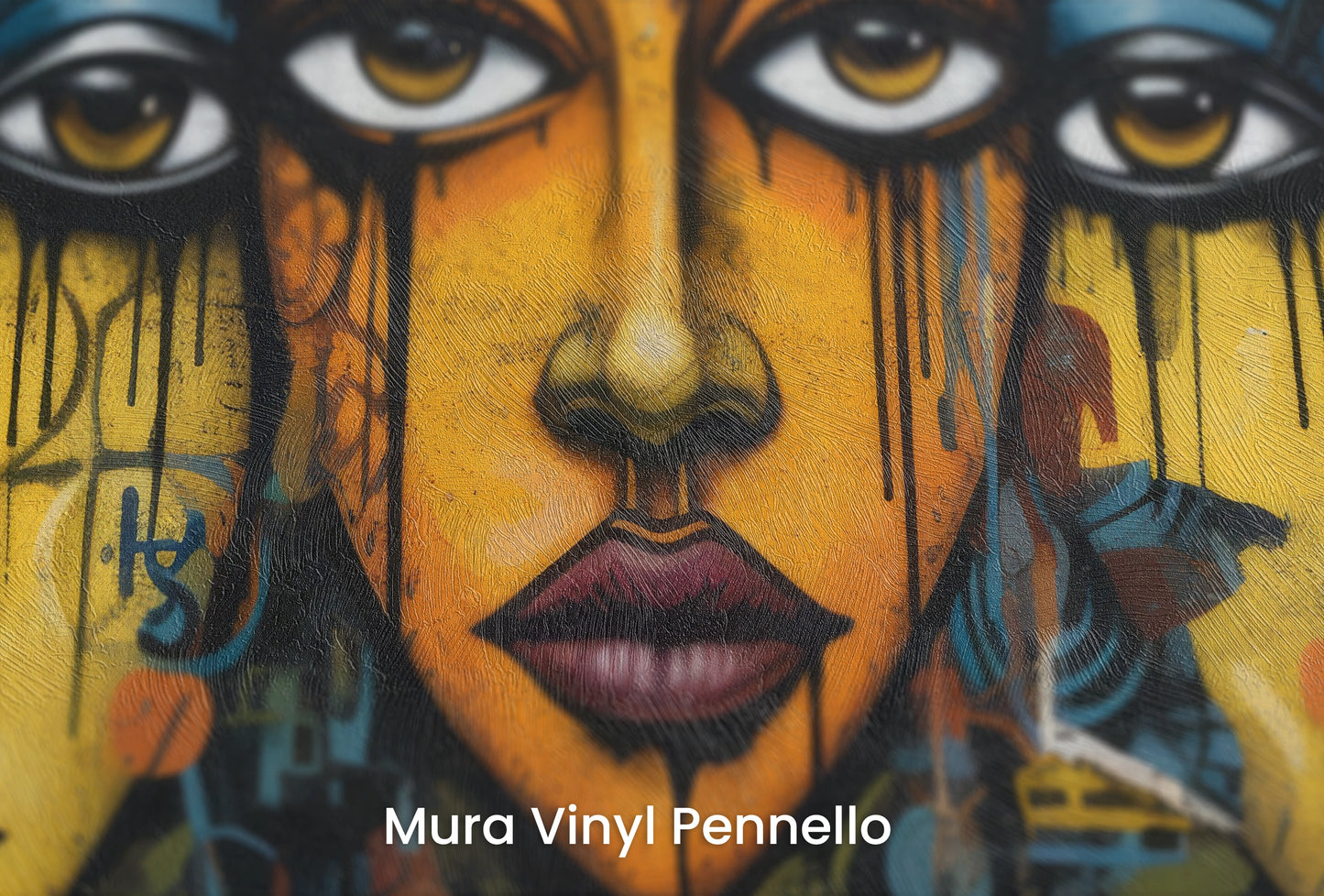 Zbliżenie na artystyczną fototapetę o nazwie Triptych of Minds na podłożu Mura Vinyl Pennello - faktura pociągnięć pędzla malarskiego.