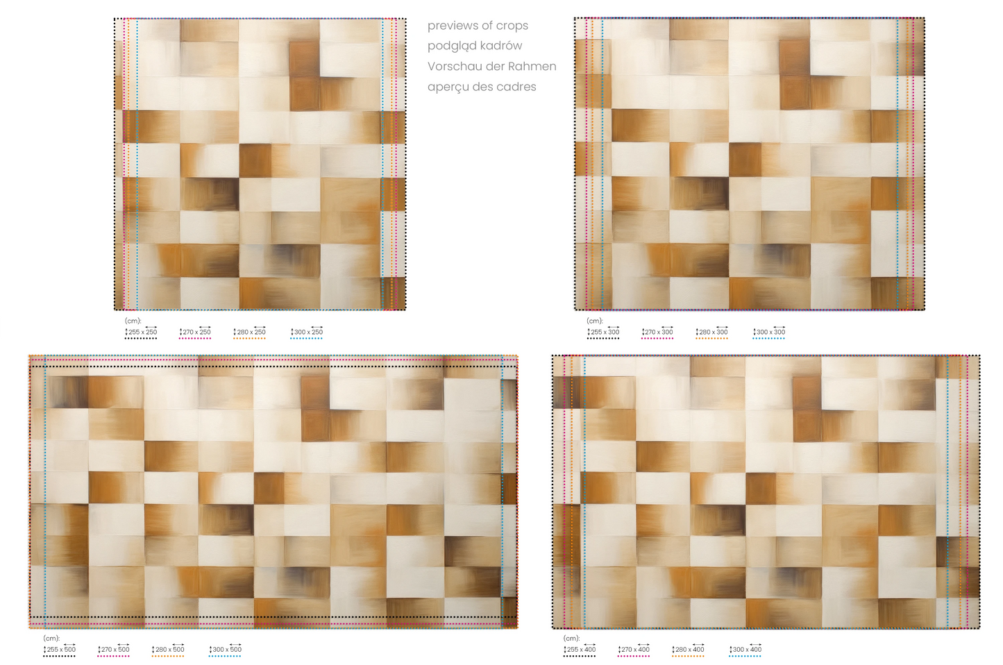 Na obrazie znajduje się prezentacja przykładowych rozmiarów fototapety o nazwie Beige Canvas. Rozmiar fototapety jest dowolny.