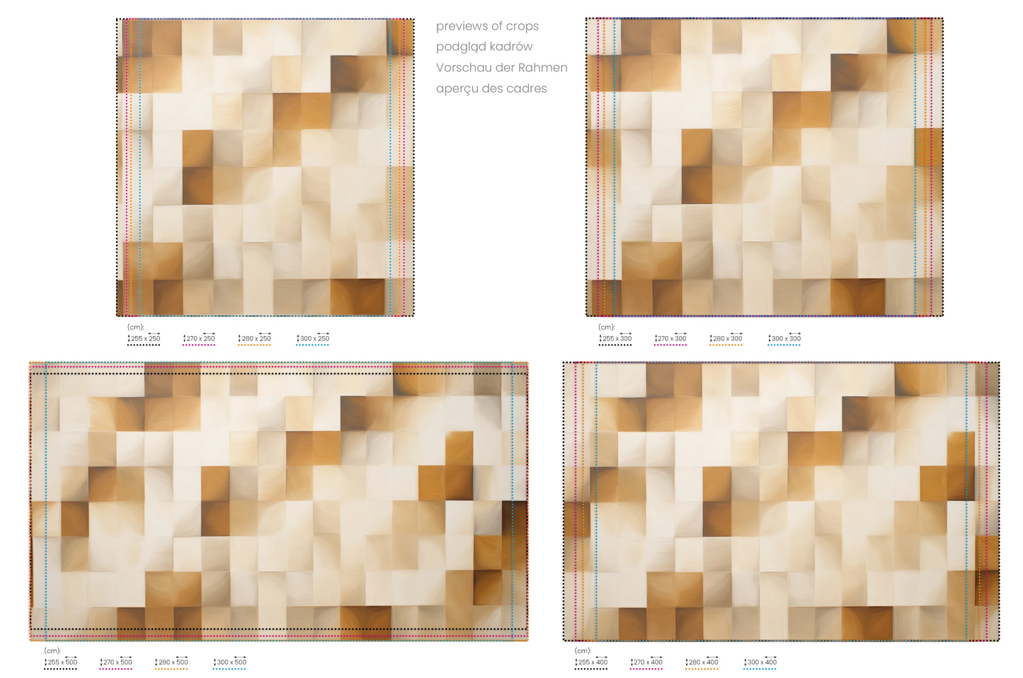 Na obrazie znajduje się prezentacja przykładowych rozmiarów fototapety o nazwie Cubic Illusion. Rozmiar fototapety jest dowolny.