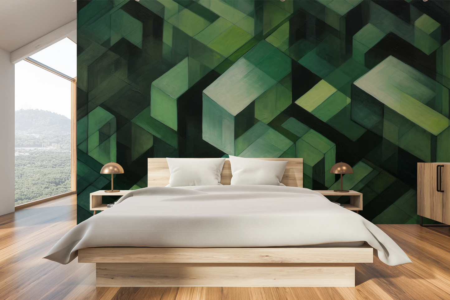 Wzór fototapety malowanej o nazwie Wooden Puzzle pokazanej w aranżacji wnętrza.