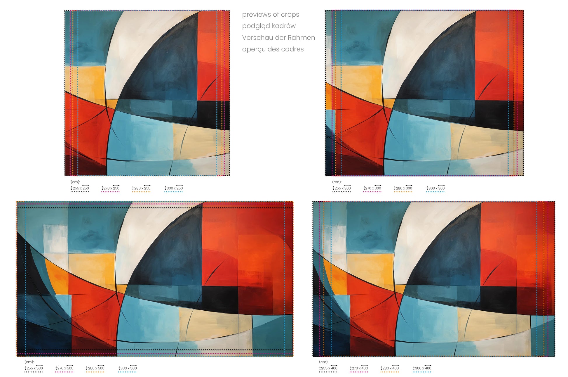 Na obrazie znajduje się prezentacja przykładowych rozmiarów fototapety o nazwie Colorful Geometry. Rozmiar fototapety jest dowolny.