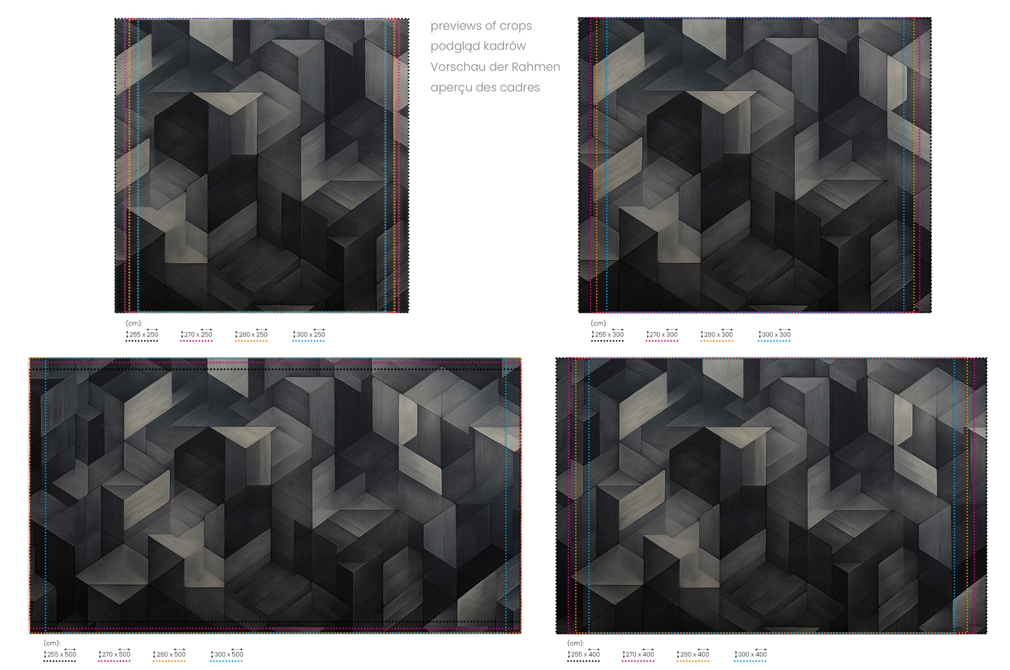 Na obrazie znajduje się prezentacja przykładowych rozmiarów fototapety o nazwie Dark Timber Mosaic. Rozmiar fototapety jest dowolny.
