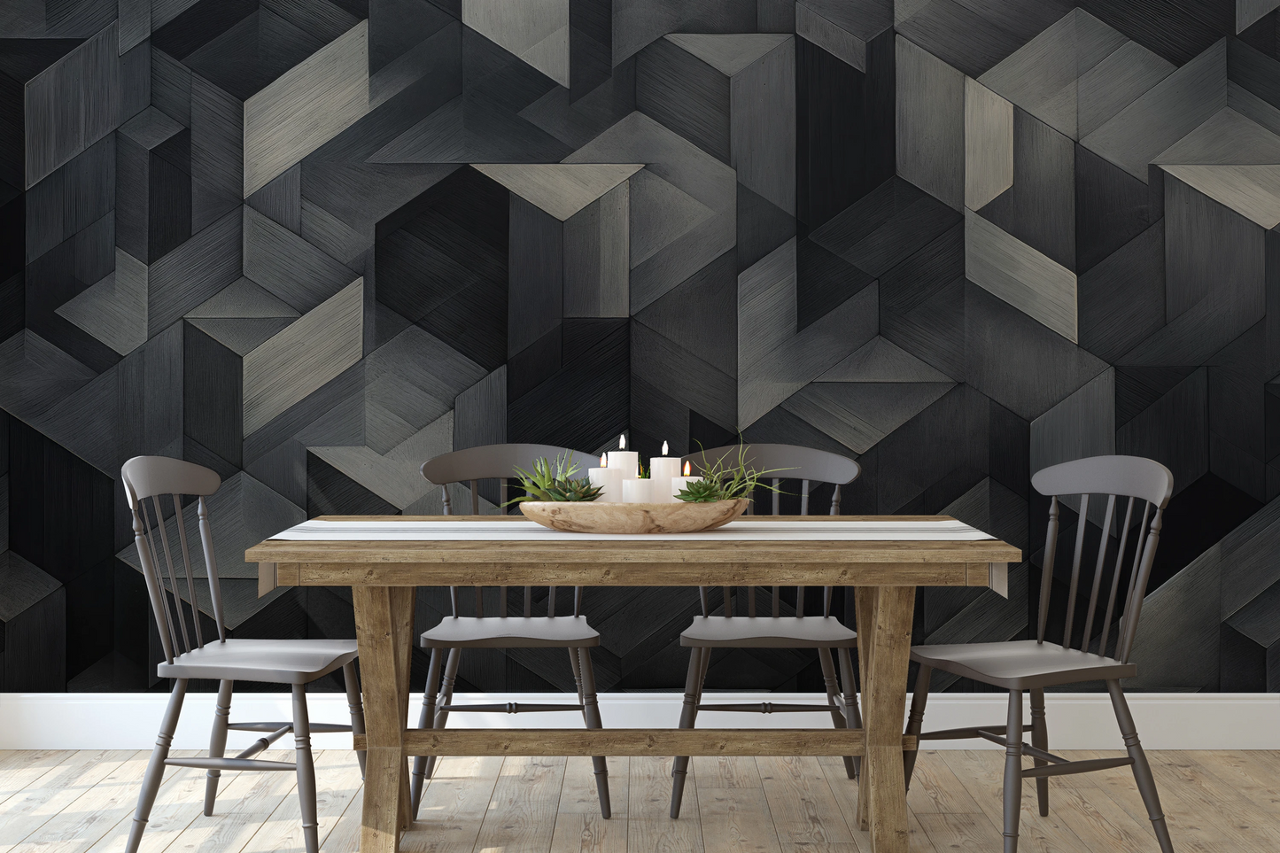 Zdjęcie prezentuje aranżację wnętrza z użyciem fototapety o nazwie Dark Timber Mosaic pokazanej w aranżacji wnętrza.