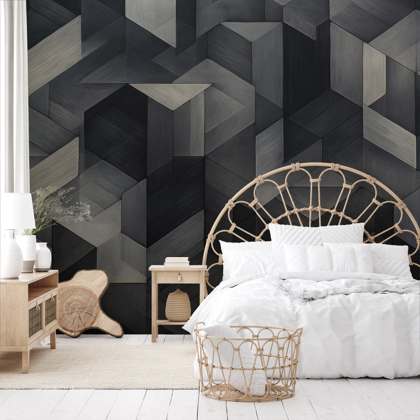 Wzór fototapety o nazwie Dark Timber Mosaic pokazanej w kontekście pomieszczenia.