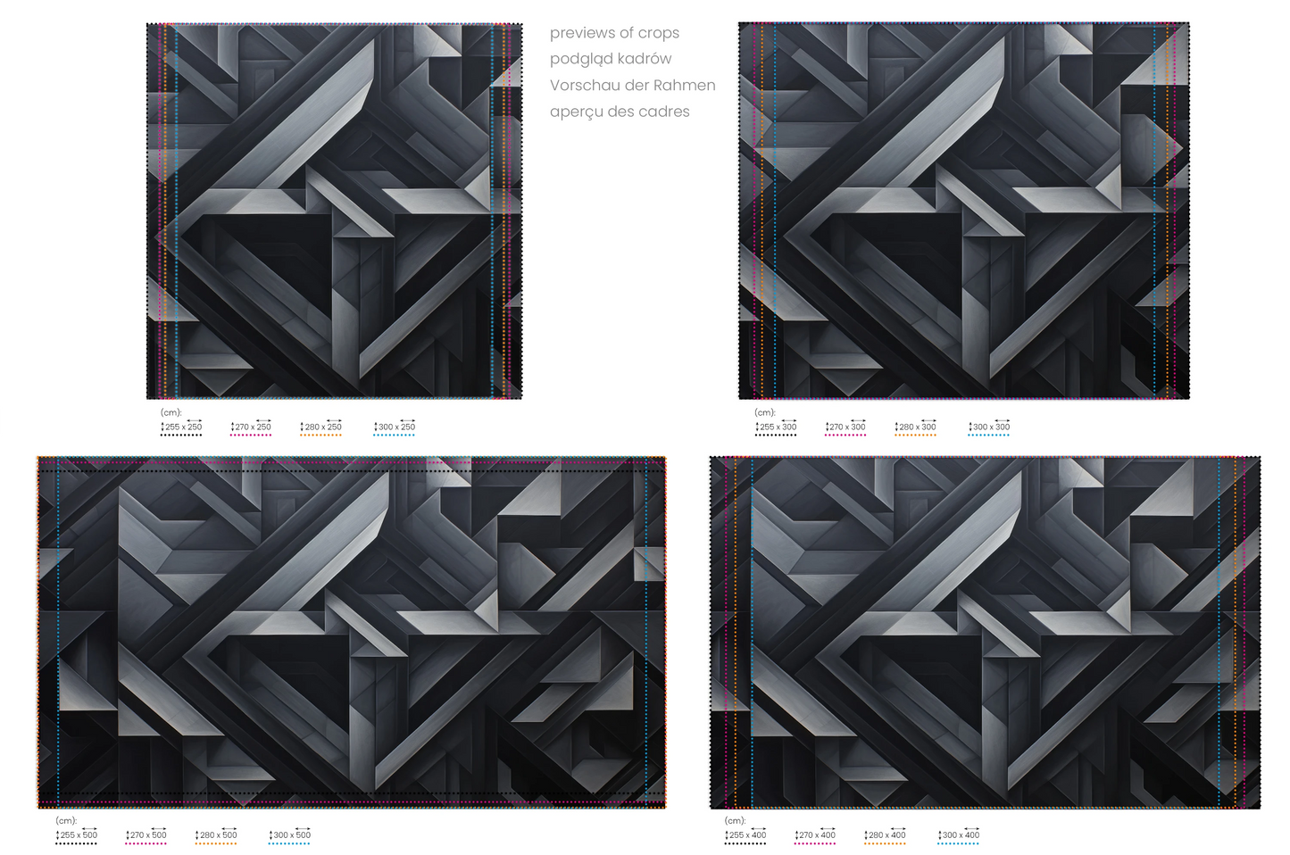 Na obrazie znajduje się prezentacja przykładowych rozmiarów fototapety o nazwie Monochrome Geometry. Rozmiar fototapety jest dowolny.