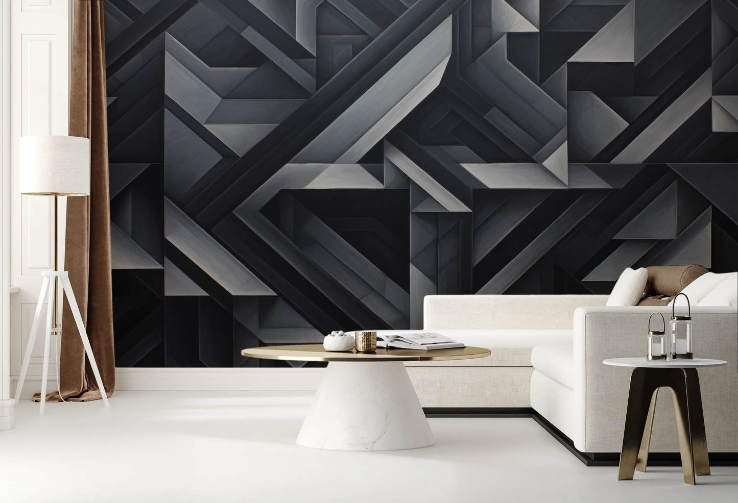 Wzór fototapety o nazwie Monochrome Geometry pokazanej w kontekście pomieszczenia.