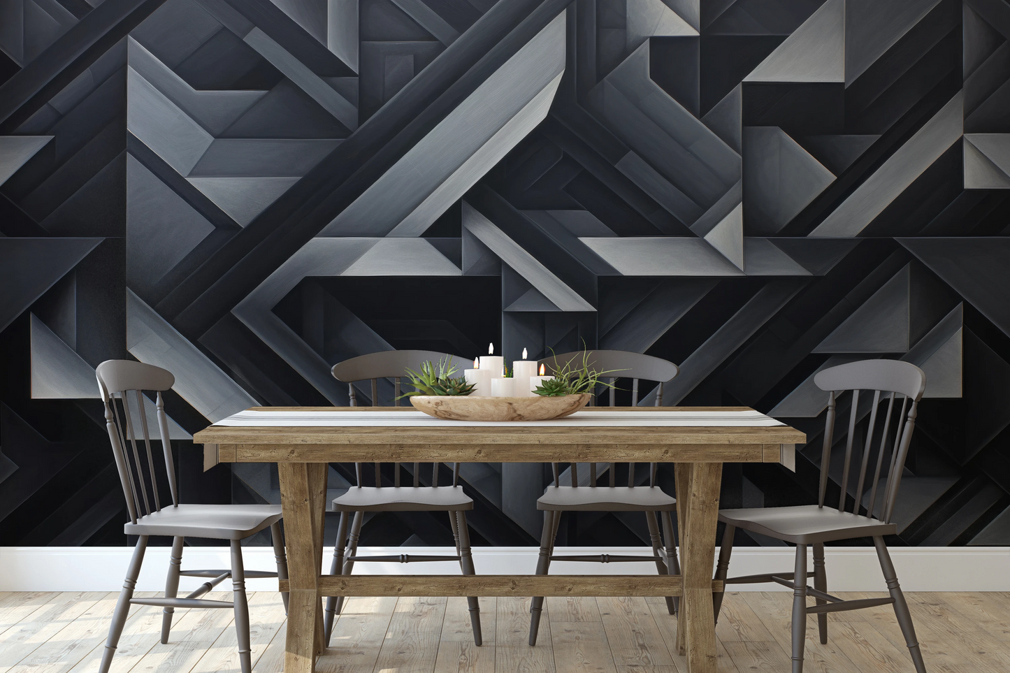 Wzór fototapety malowanej o nazwie Monochrome Geometry pokazanej w aranżacji wnętrza.