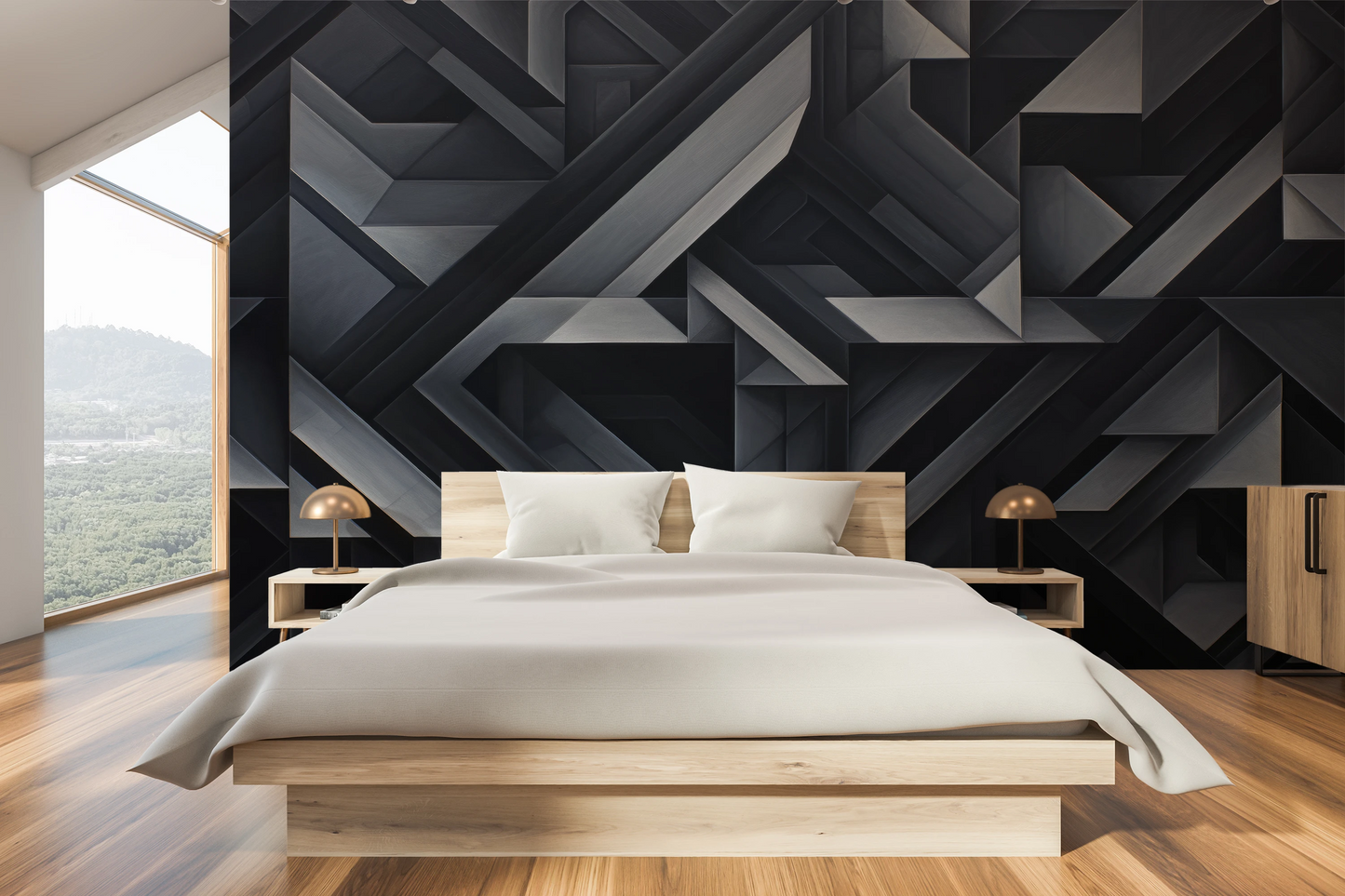 Wzór fototapety artystycznej o nazwie Monochrome Geometry pokazanej w aranżacji wnętrza.