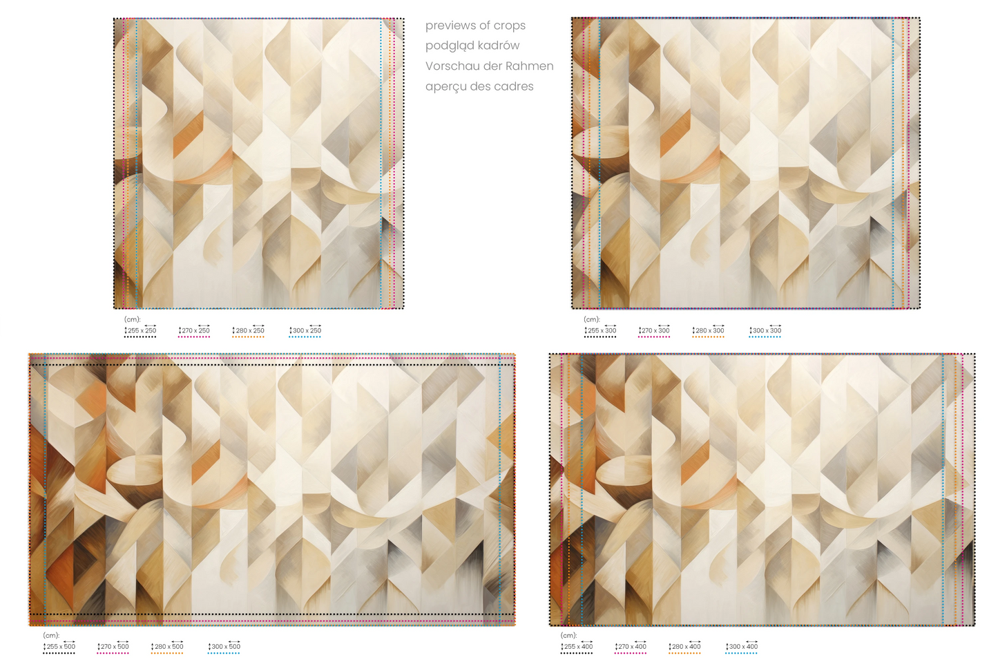 Na obrazie znajduje się prezentacja przykładowych rozmiarów fototapety o nazwie Beige Swirl. Rozmiar fototapety jest dowolny.