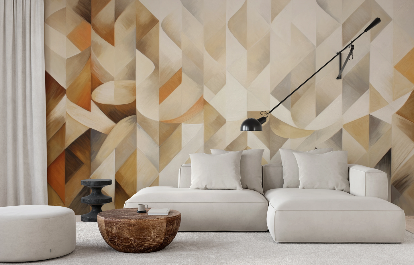 Wzór fototapety artystycznej o nazwie Beige Swirl pokazanej w aranżacji wnętrza.