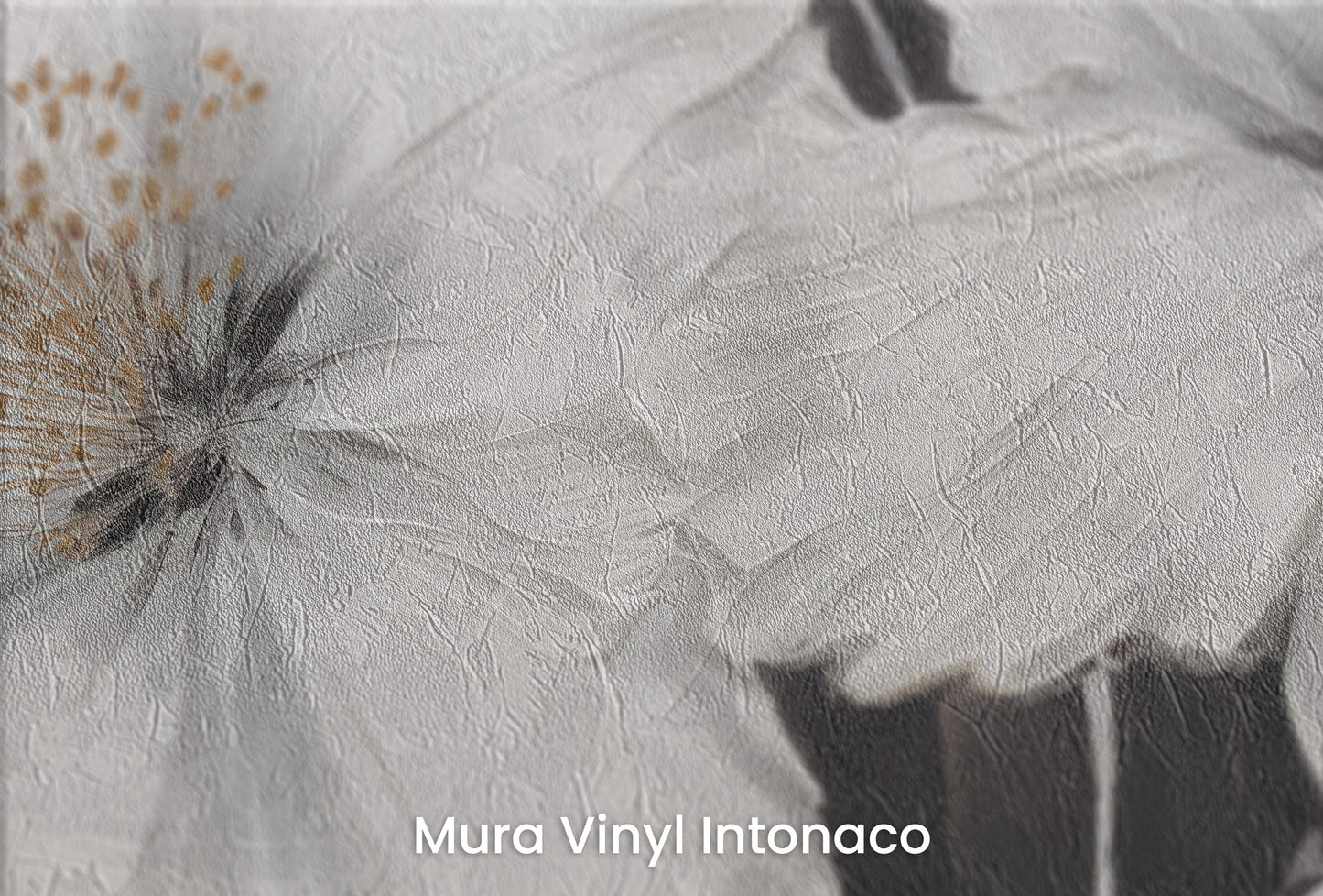 Zbliżenie na artystyczną fototapetę o nazwie ECLIPSE BLOSSOMS na podłożu Mura Vinyl Intonaco - struktura tartego tynku.