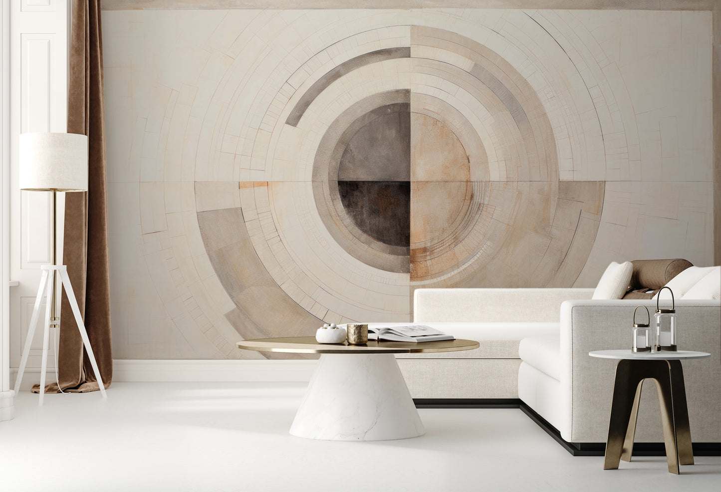 Zdjęcie prezentuje aranżację wnętrza z użyciem fototapety o nazwie MONOCHROME ECLIPSE ABSTRACTION #2 pokazanej w aranżacji wnętrza.