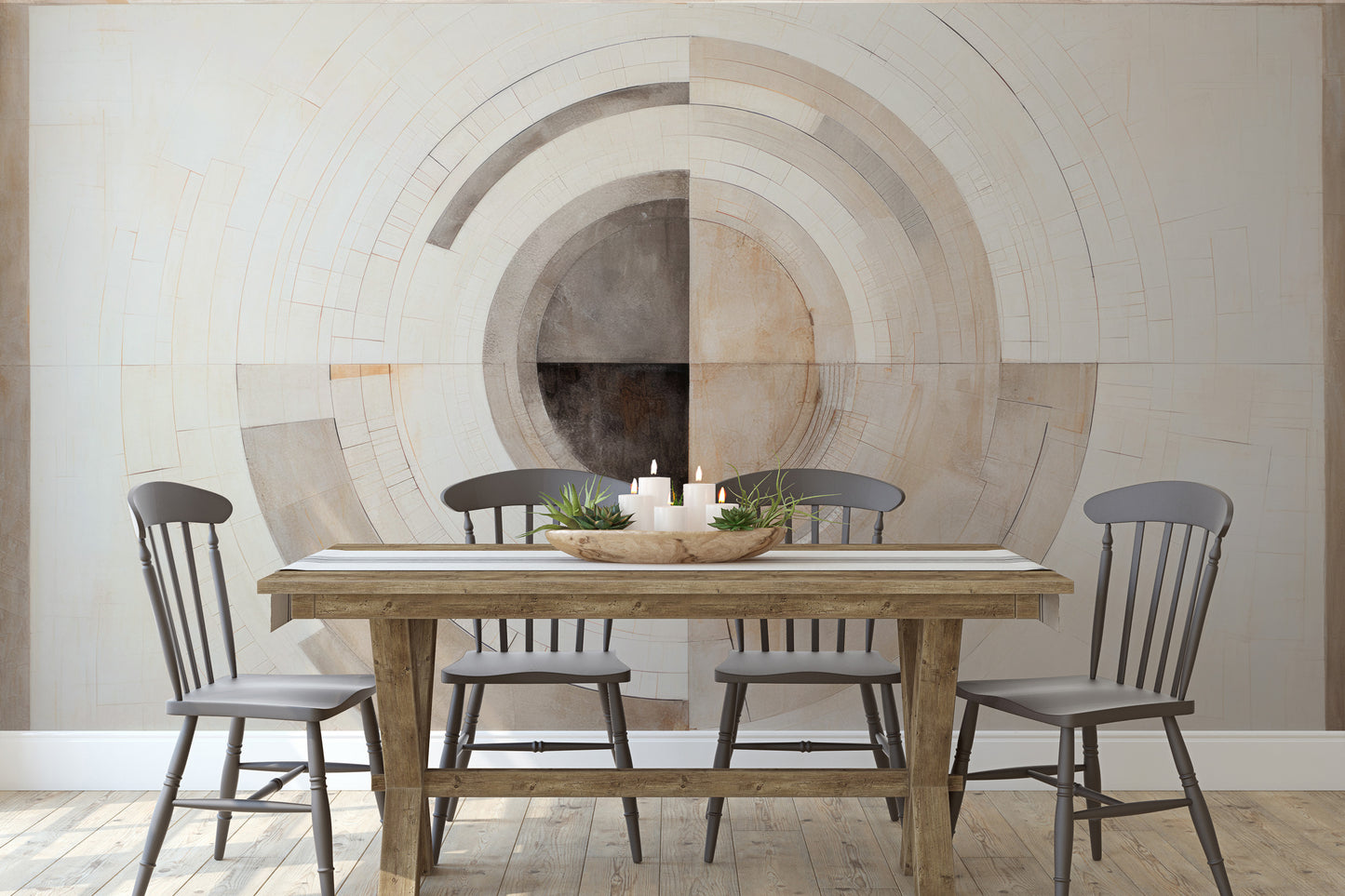 Wzór fototapety malowanej o nazwie MONOCHROME ECLIPSE ABSTRACTION #2 pokazanej w aranżacji wnętrza.