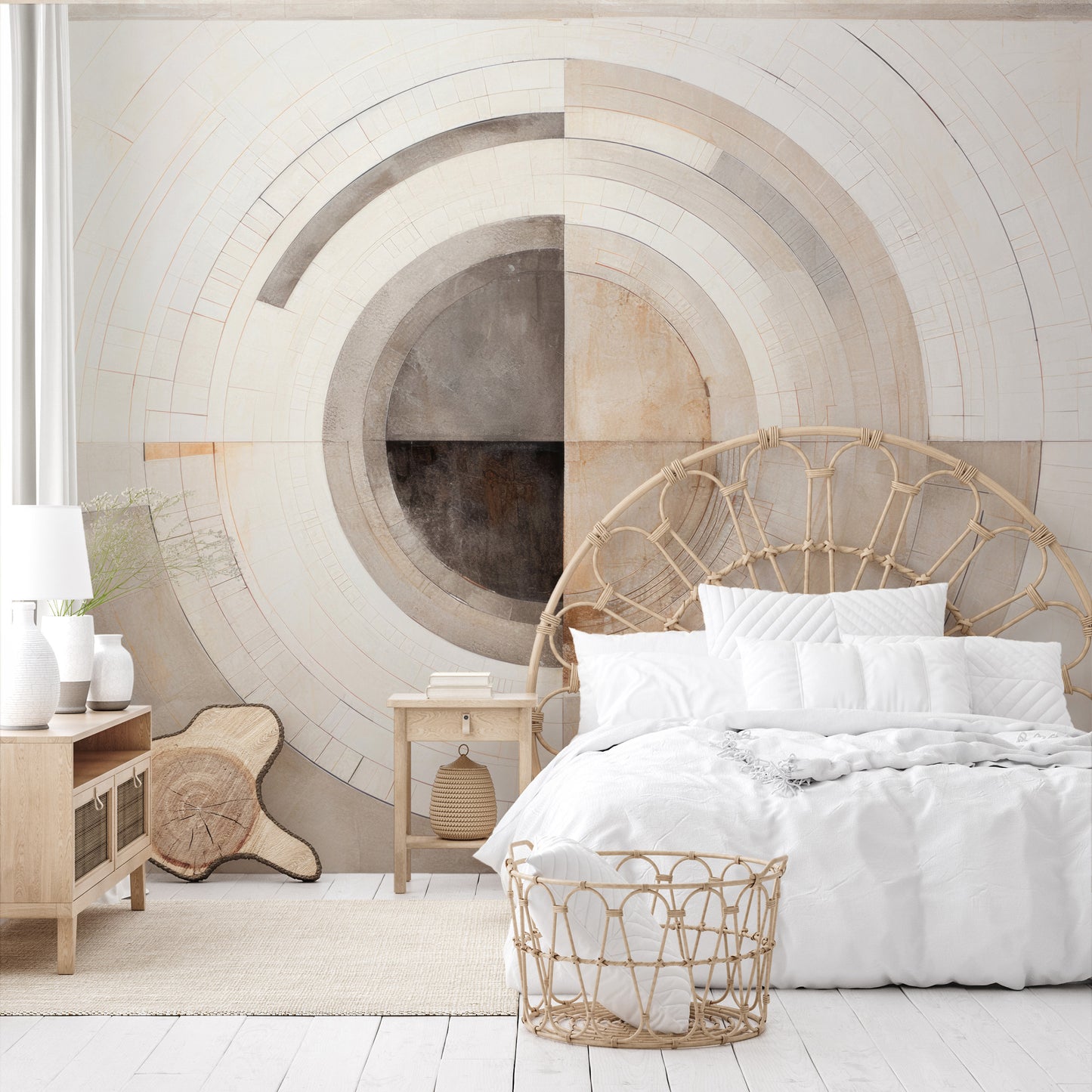 Wzór fototapety artystycznej o nazwie MONOCHROME ECLIPSE ABSTRACTION #2 pokazanej w aranżacji wnętrza.