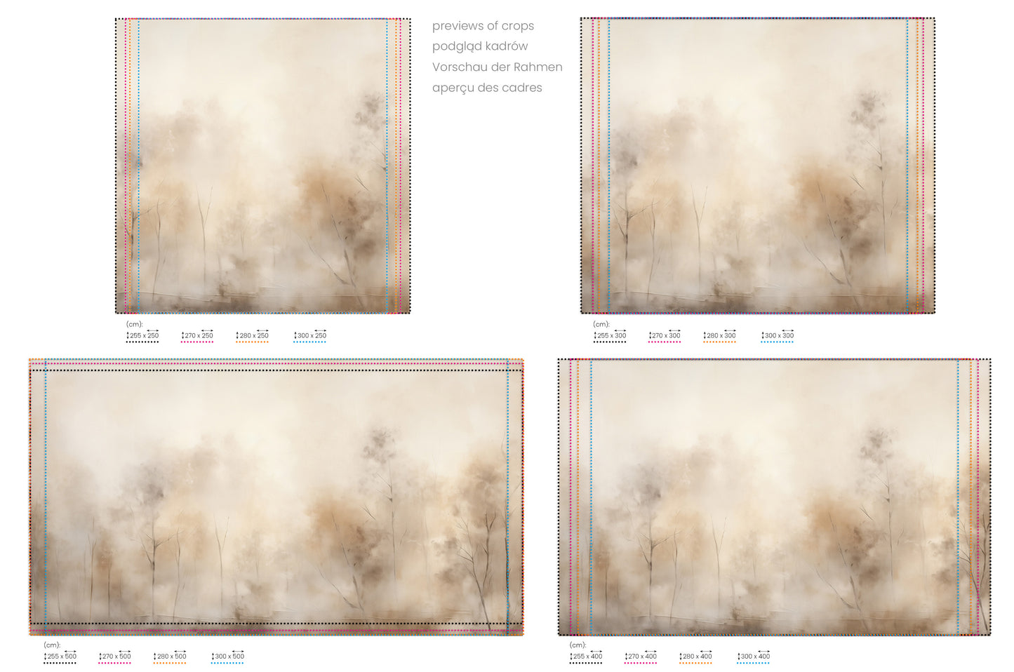 Na obrazie znajduje się prezentacja przykładowych rozmiarów fototapety o nazwie AMBER FOG FOREST MURAL. Rozmiar fototapety jest dowolny.